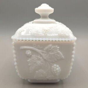 Vintage Westmoreland Milk Glass Puff Box Paneled Grape Pattern Trinket Dish